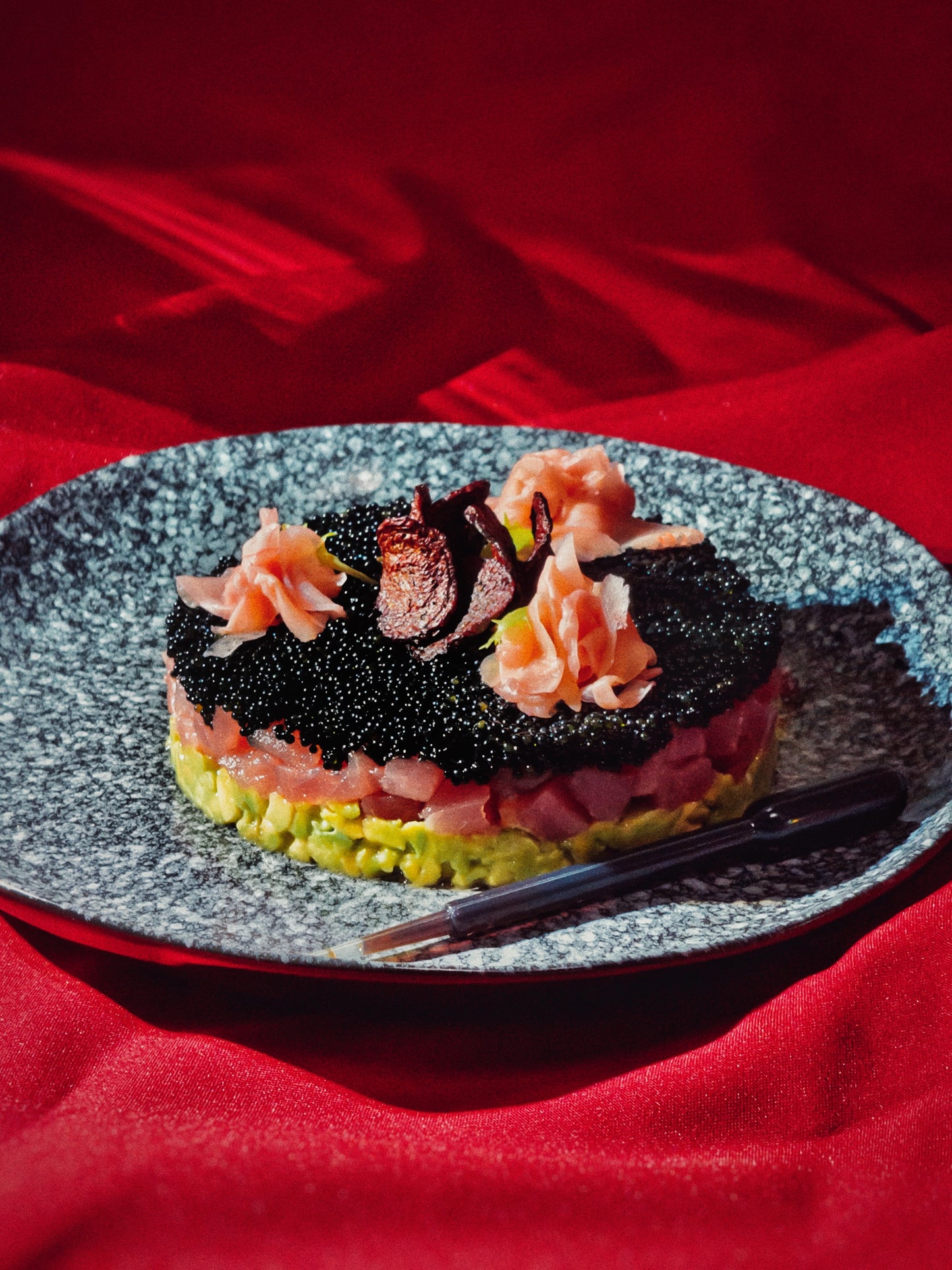 Priartinta nuotrauka Tuno Tartaro lekštėje su sojos pipete